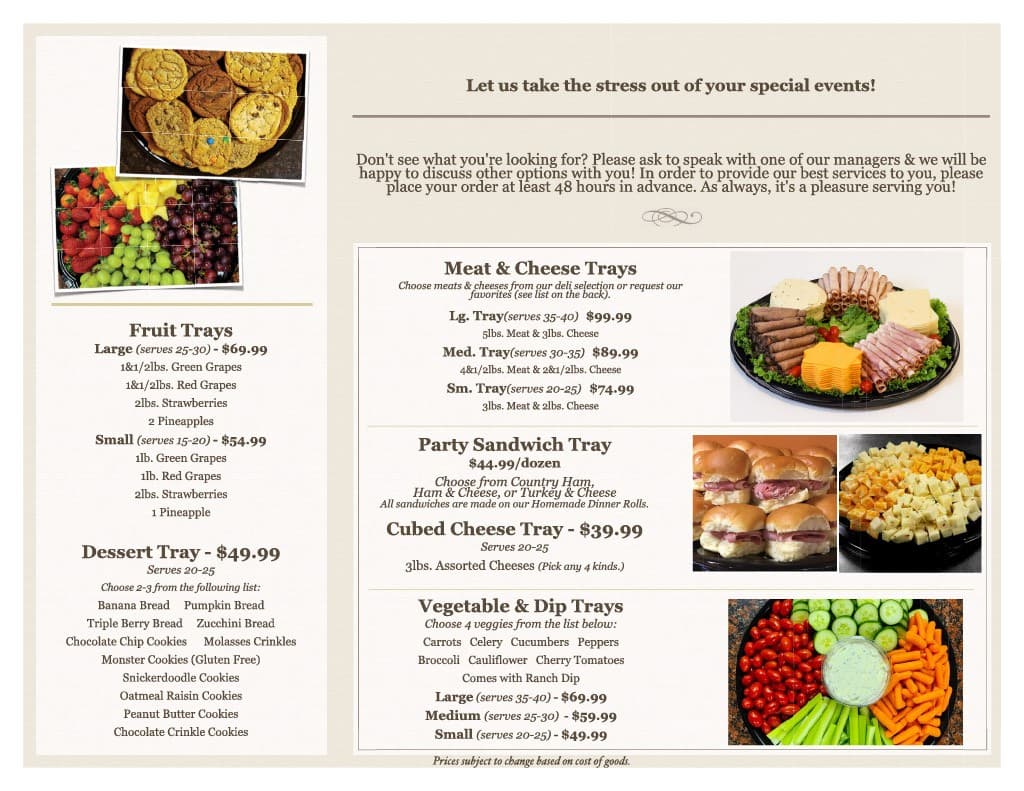 The party tray brochure: meat and cheese, party sandwich, cubed cheese, vegetable and dip, fruit, and dessert trays, with sizes and prices